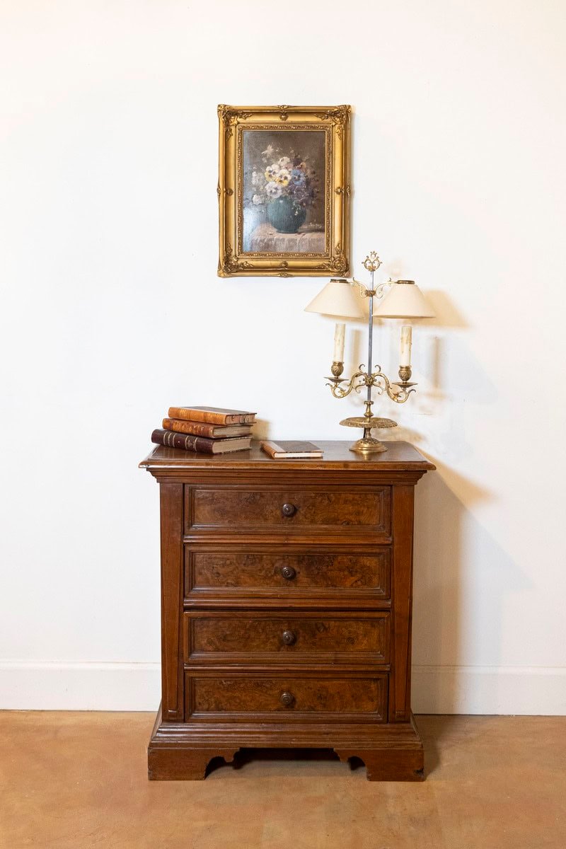 Italian 1840s Bedside Chest with Four Drawers, Burl Panels and Bracket Feet - JAA