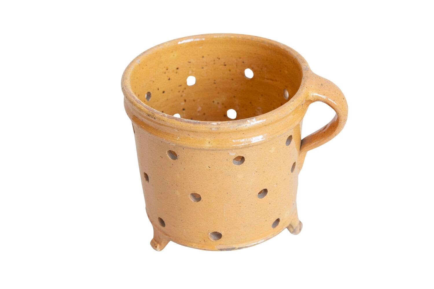 Rustic French 19th Century Pottery Vegetable Steamer with Yellow Glaze - JAA