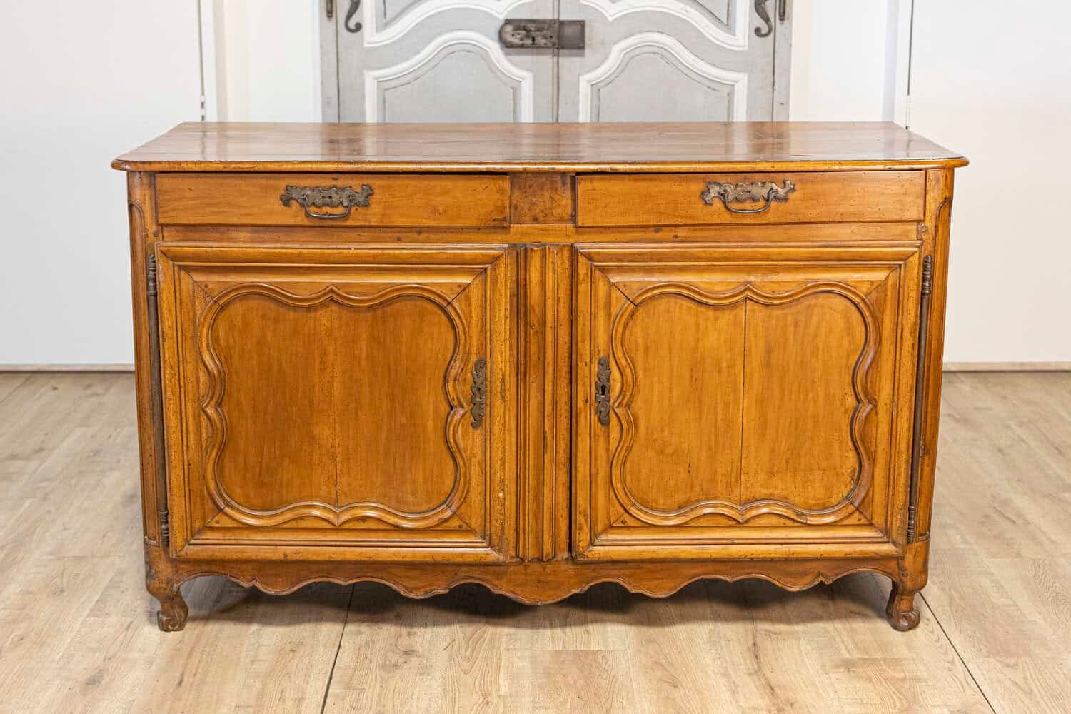 French Louis XV Period 1770s Walnut Buffet with Drawers, Carved Doors and Skirt - JAA