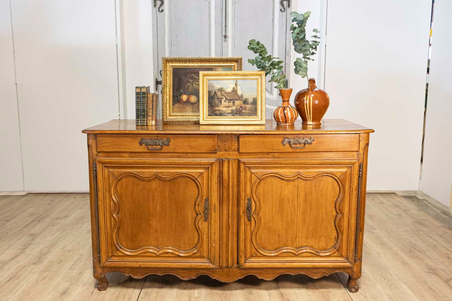 French Louis XV Period 1770s Walnut Buffet with Drawers, Carved Doors and Skirt - JAA