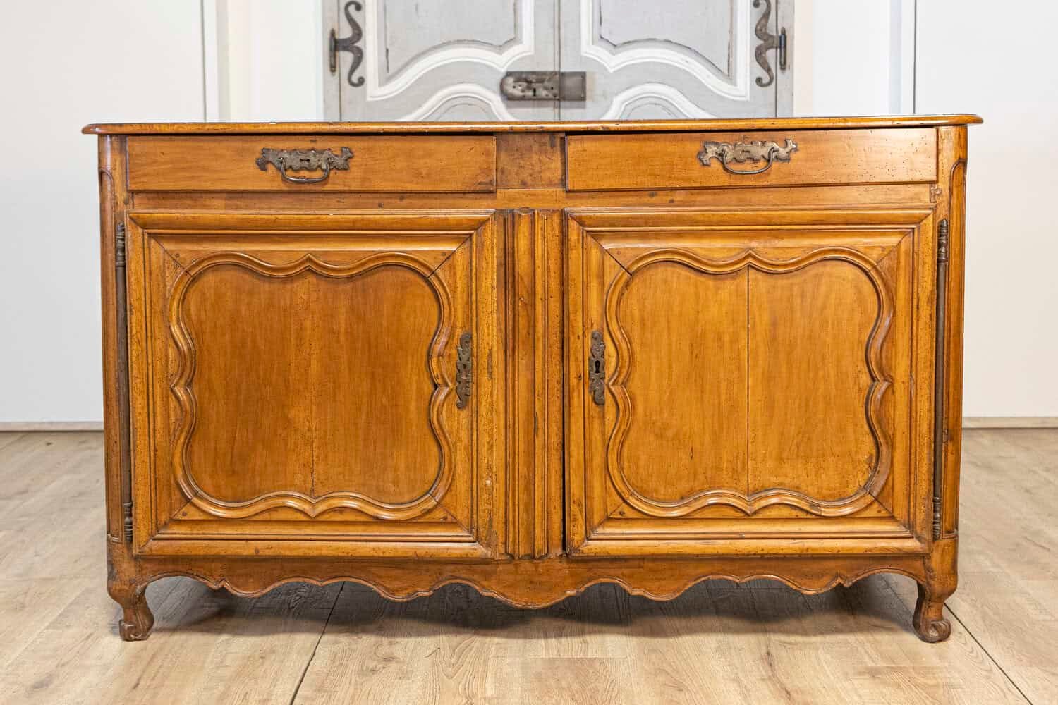 French Louis XV Period 1770s Walnut Buffet with Drawers, Carved Doors and Skirt - JAA