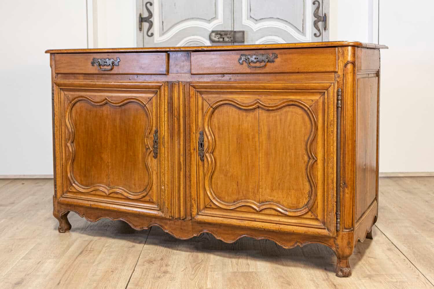 French Louis XV Period 1770s Walnut Buffet with Drawers, Carved Doors and Skirt - JAA