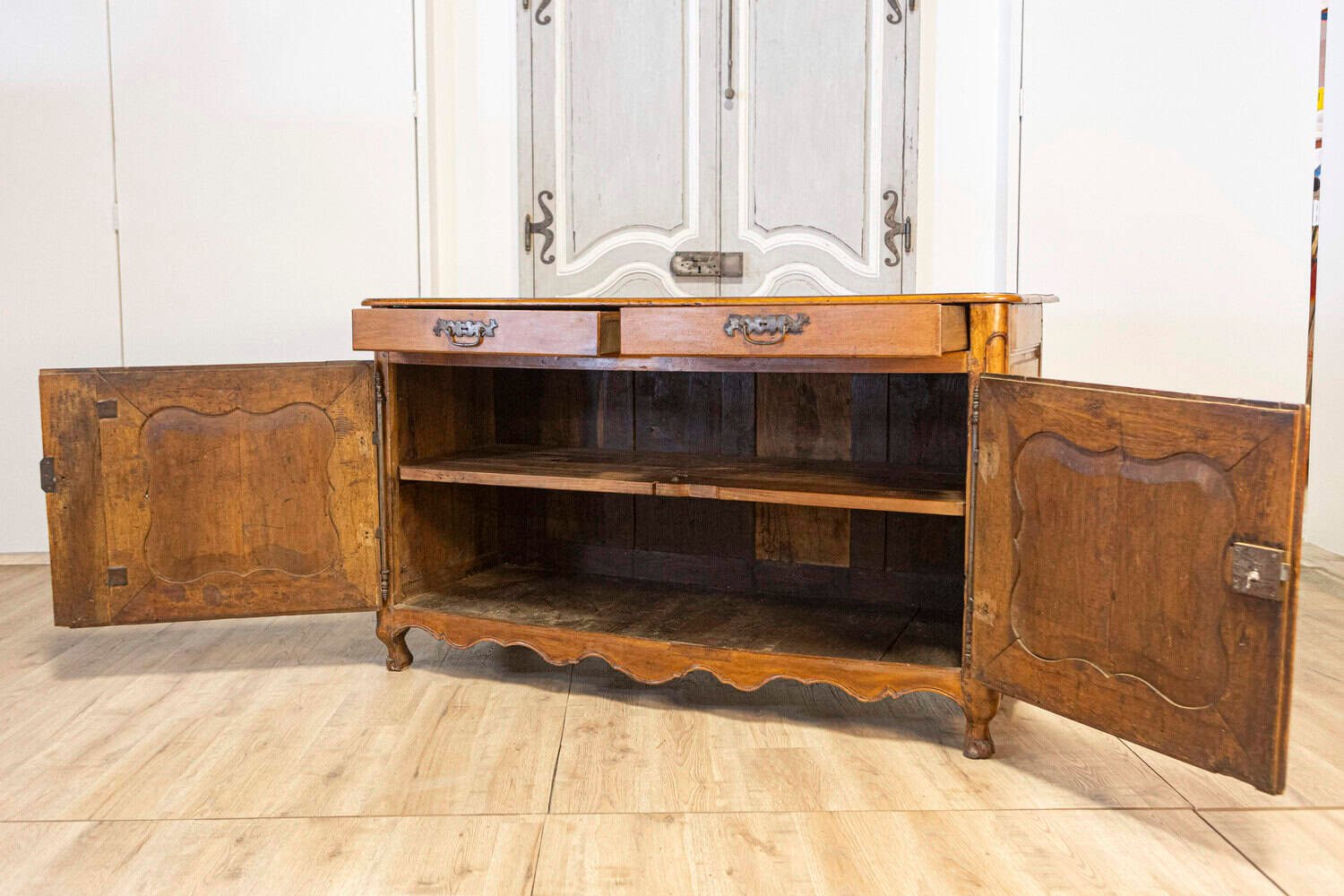 French Louis XV Period 1770s Walnut Buffet with Drawers, Carved Doors and Skirt - JAA