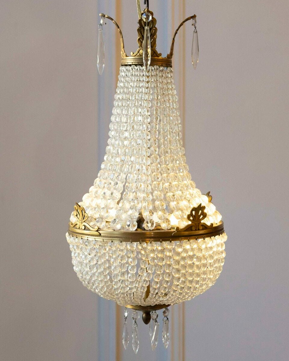 French Napoléon III 1850s Montgolfière Crystal and Brass Two-Light Chandelier - JAA