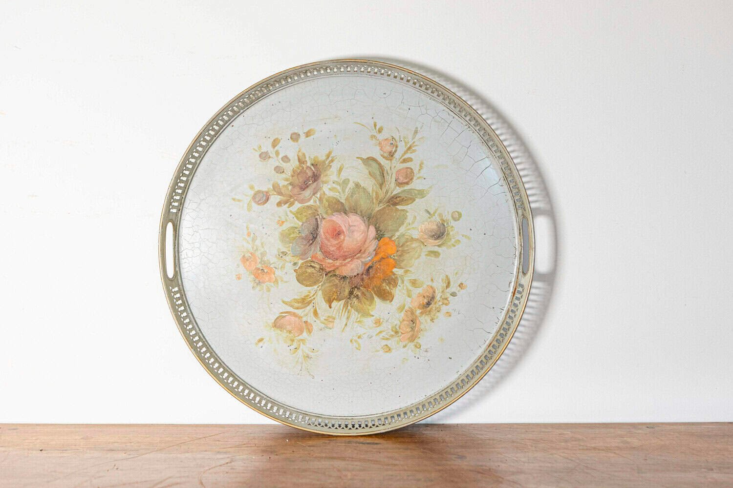 French 19th Century Hand-Painted Sheet Metal Tray with Floral Roses and Openwork Rim - JAA