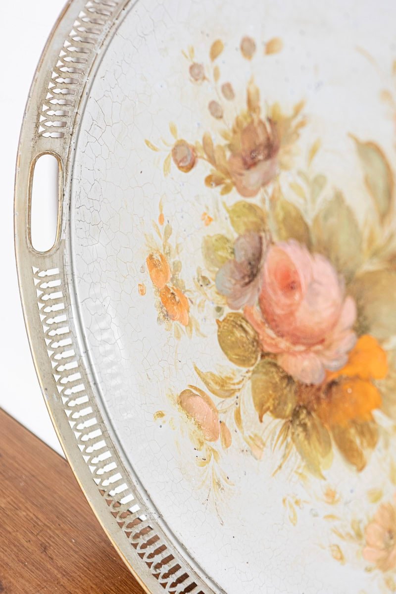 French 19th Century Hand-Painted Sheet Metal Tray with Floral Roses and Openwork Rim - JAA