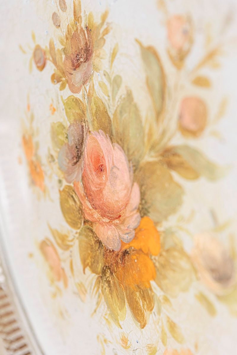 French 19th Century Hand-Painted Sheet Metal Tray with Floral Roses and Openwork Rim - JAA