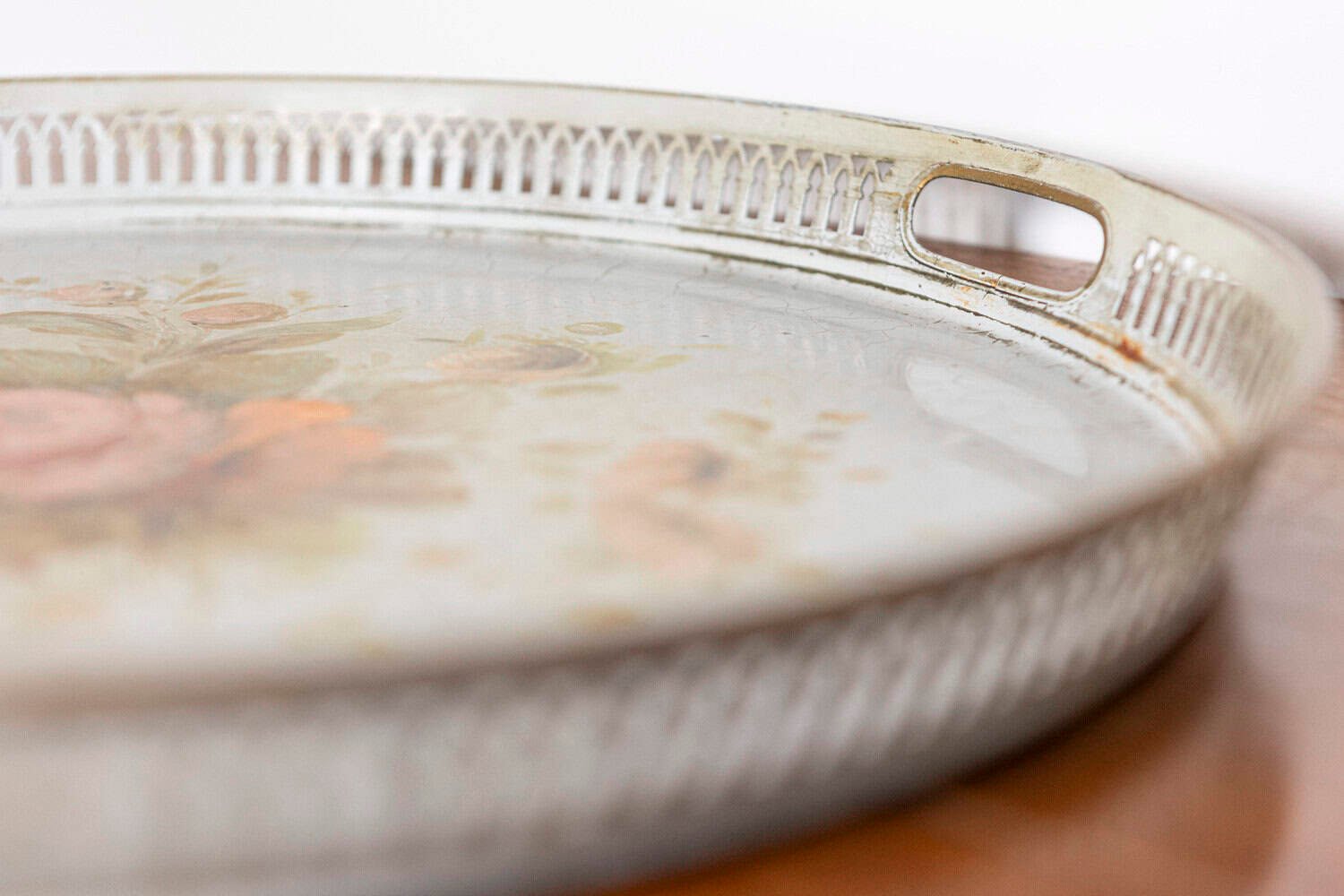 French 19th Century Hand-Painted Sheet Metal Tray with Floral Roses and Openwork Rim - JAA