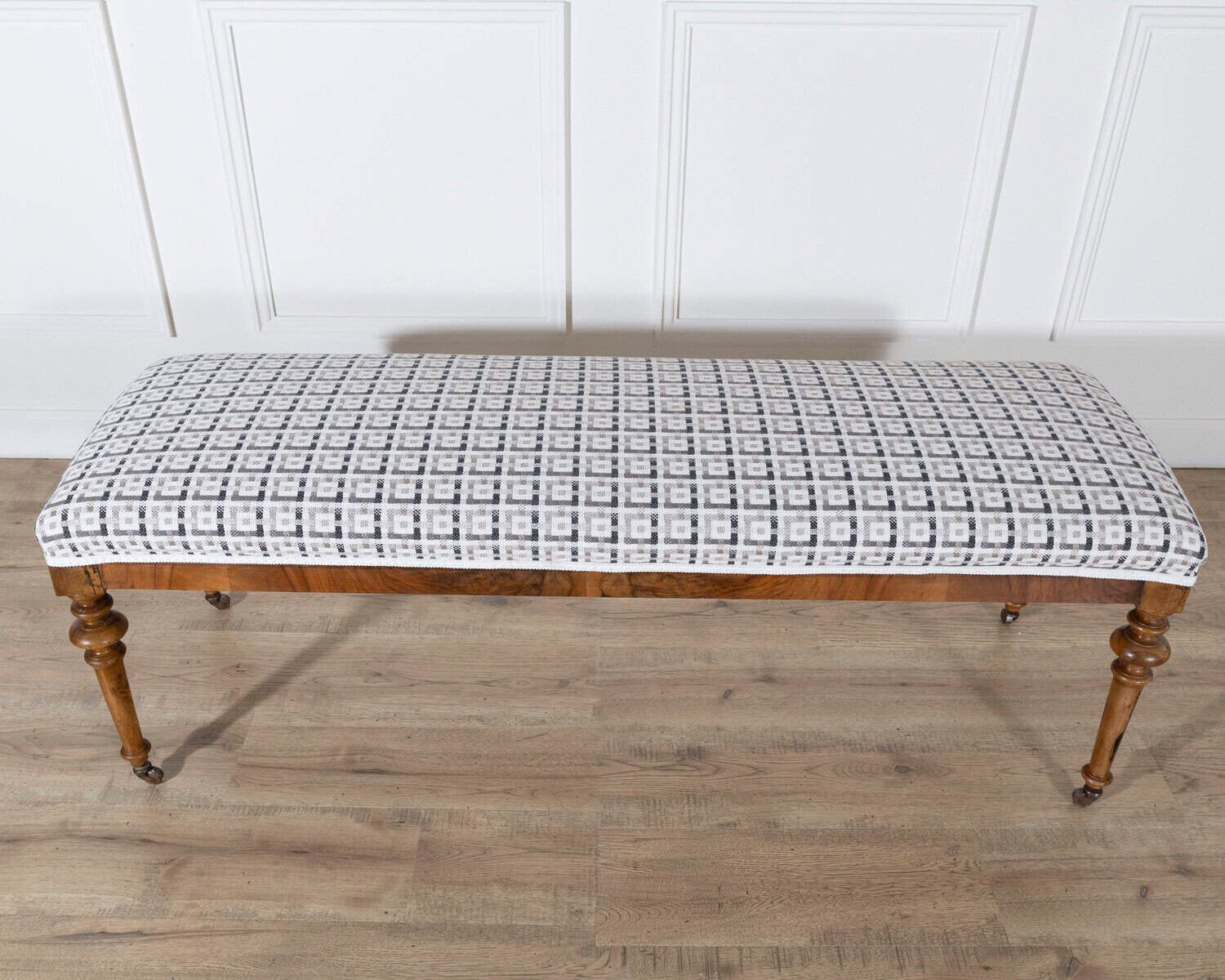 Pair of 19th-Century Walnut Upholstered Benches with Turned Legs and Casters - JAA