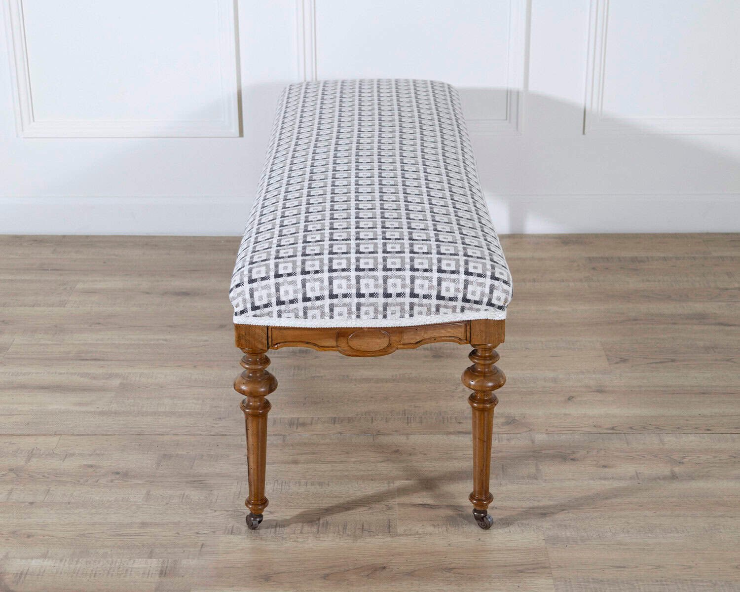 Pair of 19th-Century Walnut Upholstered Benches with Turned Legs and Casters - JAA