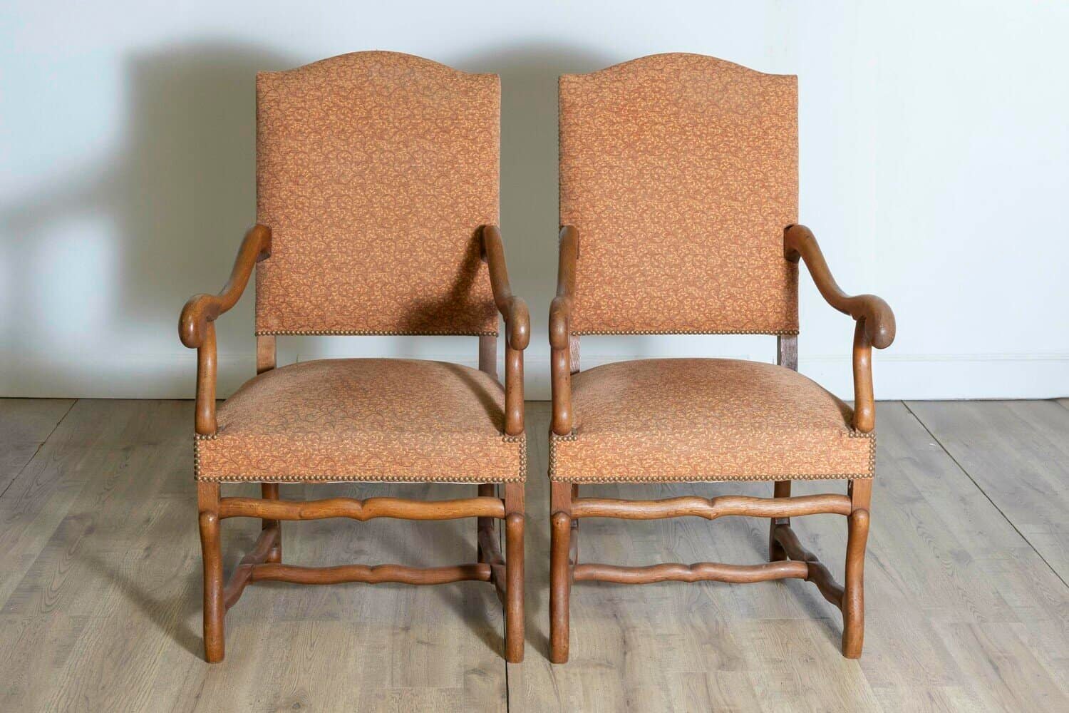 Pair of French Louis XIII Style Walnut Os de Mouton Chairs with Scrolling Arms - JAA