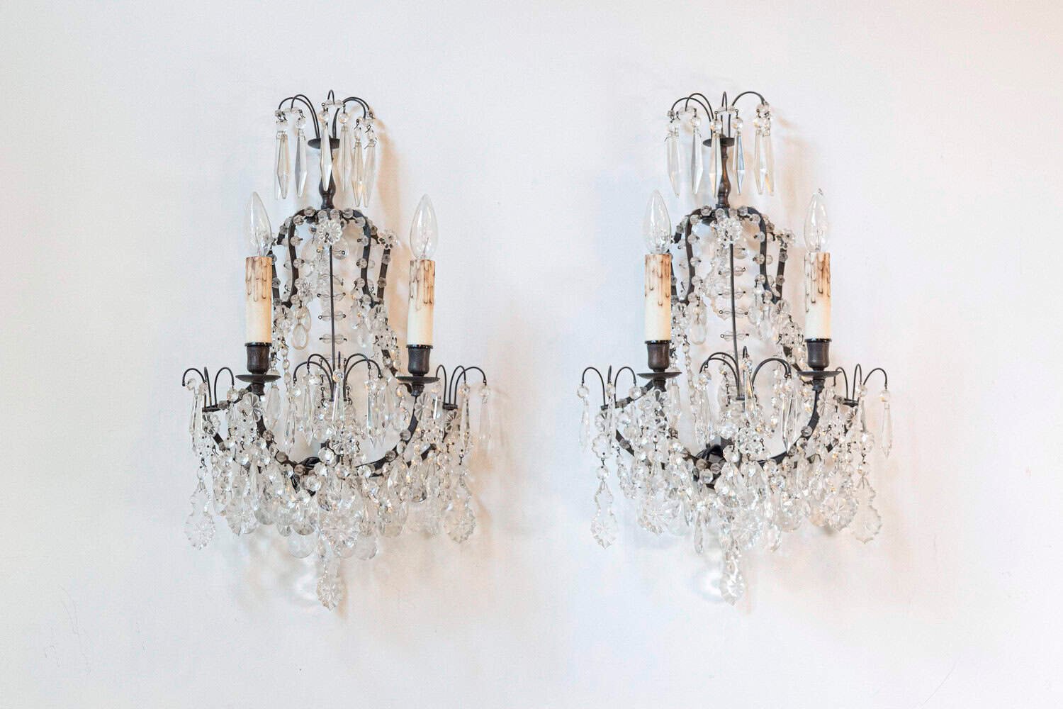 Pair of French 1890s Rococo Style Two-Light Crystal Sconces Wired for the US - JAA