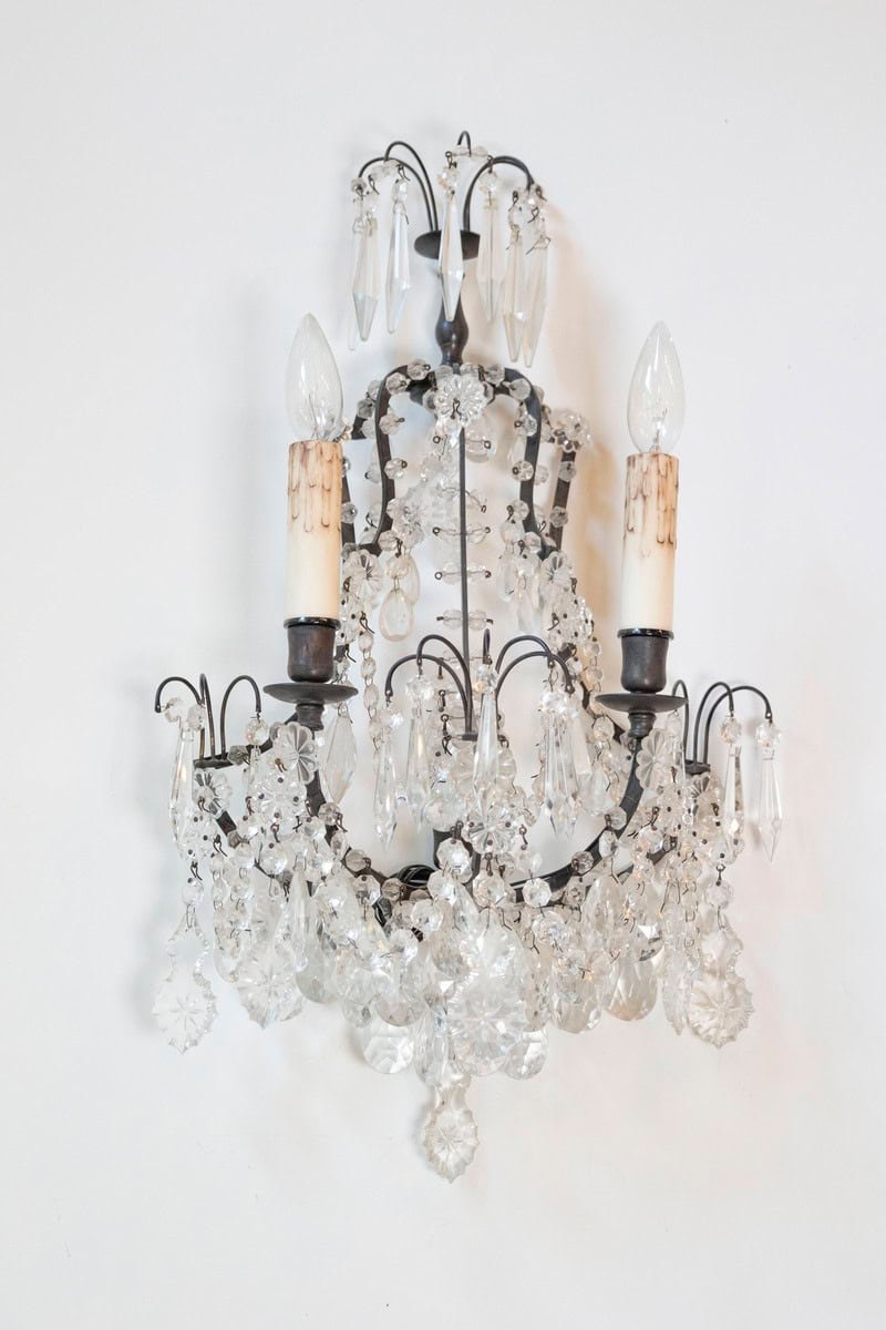 Pair of French 1890s Rococo Style Two-Light Crystal Sconces Wired for the US - JAA