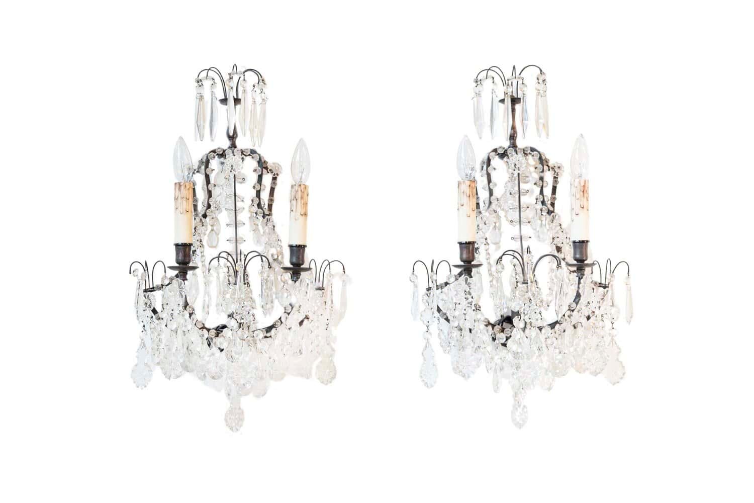 Pair of French 1890s Rococo Style Two-Light Crystal Sconces Wired for the US