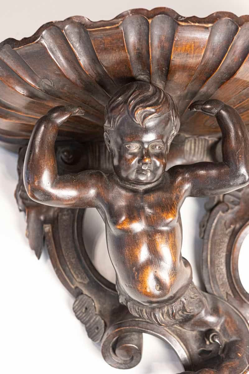 Italian Baroque Style Late 19th Century Fruitwood Wall Bracket with Carved Putto - JAA
