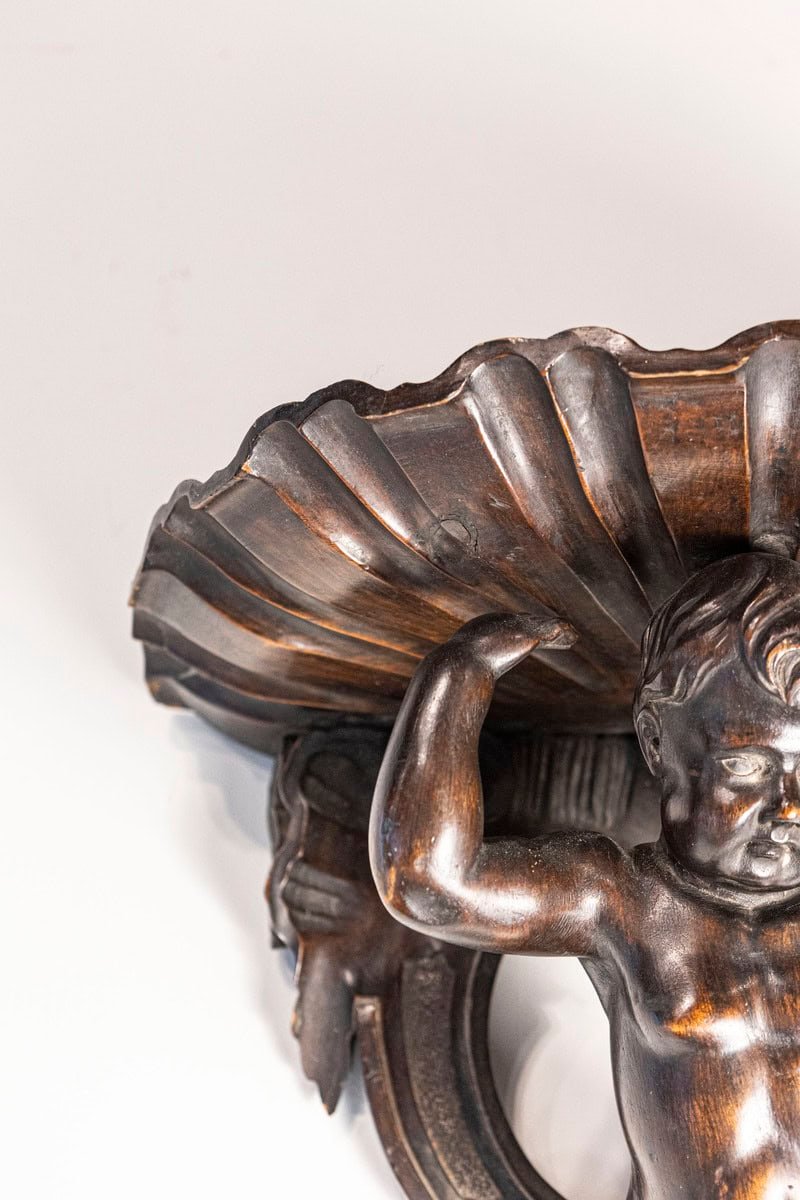 Italian Baroque Style Late 19th Century Fruitwood Wall Bracket with Carved Putto - JAA