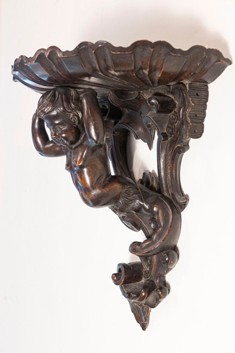 Italian Baroque Style Late 19th Century Fruitwood Wall Bracket with Carved Putto - JAA