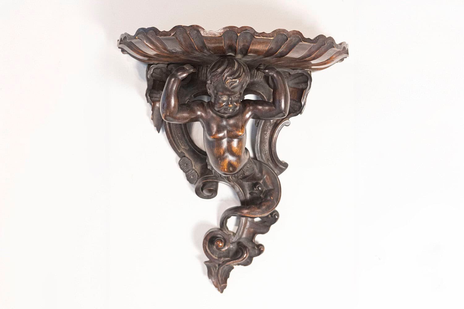 Italian Baroque Style Late 19th Century Fruitwood Wall Bracket with Carved Putto - JAA