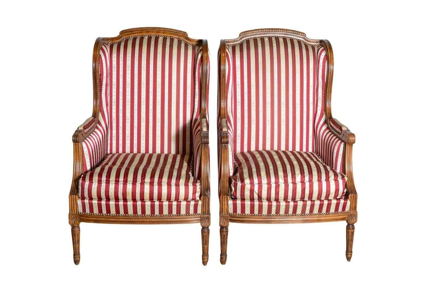 French Louis XVI Style Walnut Bergères à Oreilles with Fluted Legs, a Pair - JAA