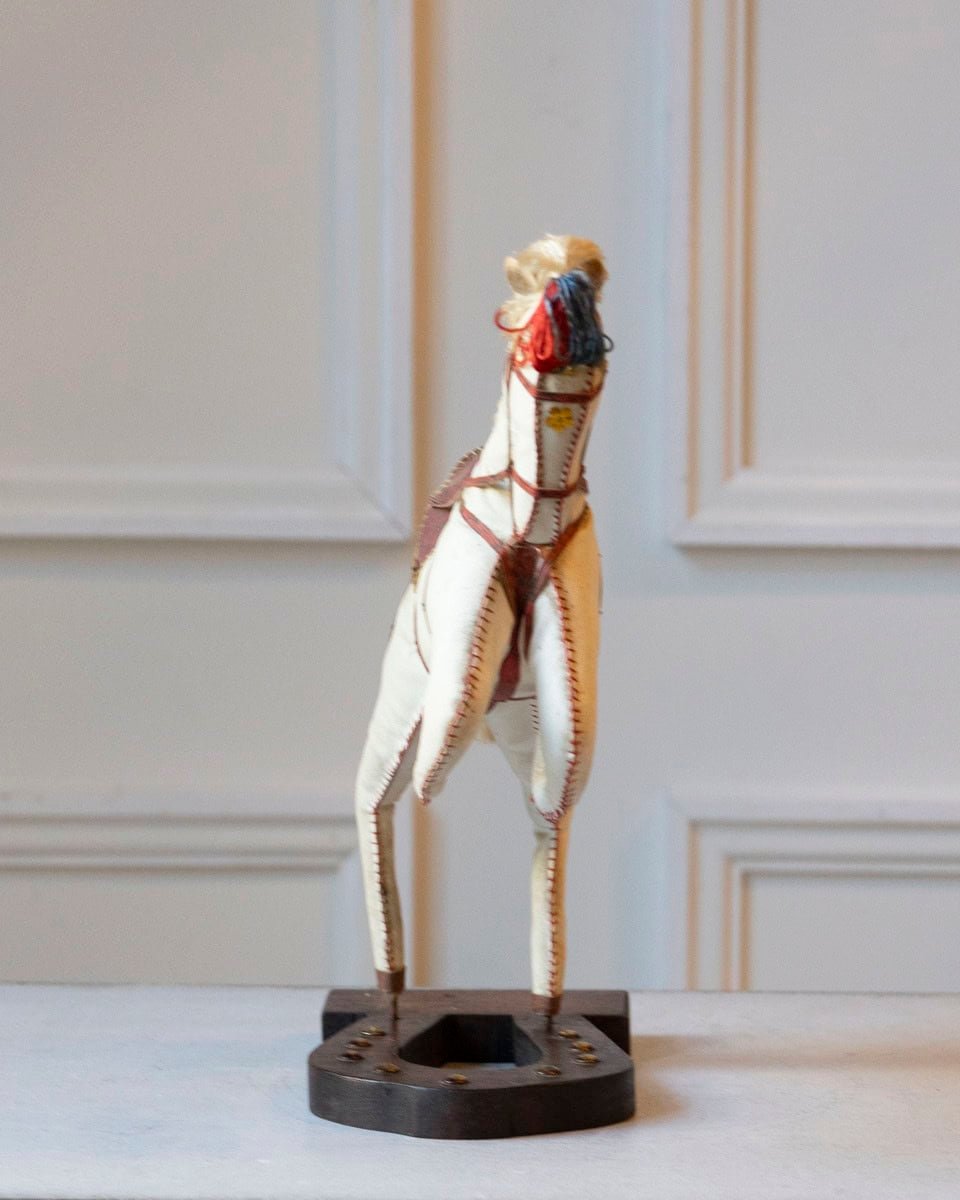 French 20th Century Decorative Moleskin Horse Sculpture with Blue Saddle in Rearing Pose - JAA