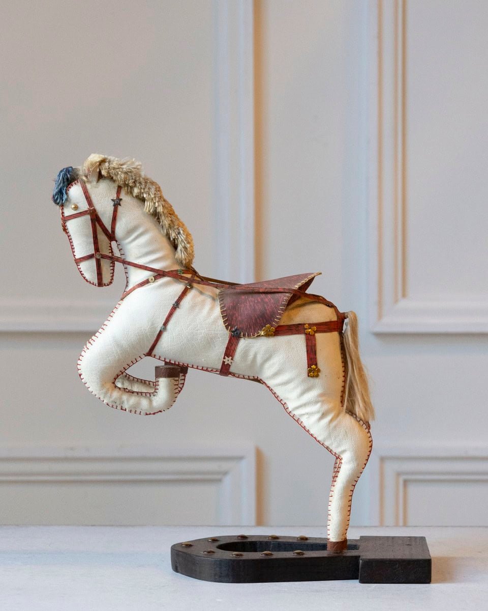 French 20th Century Decorative Moleskin Horse Sculpture with Blue Saddle in Rearing Pose - JAA
