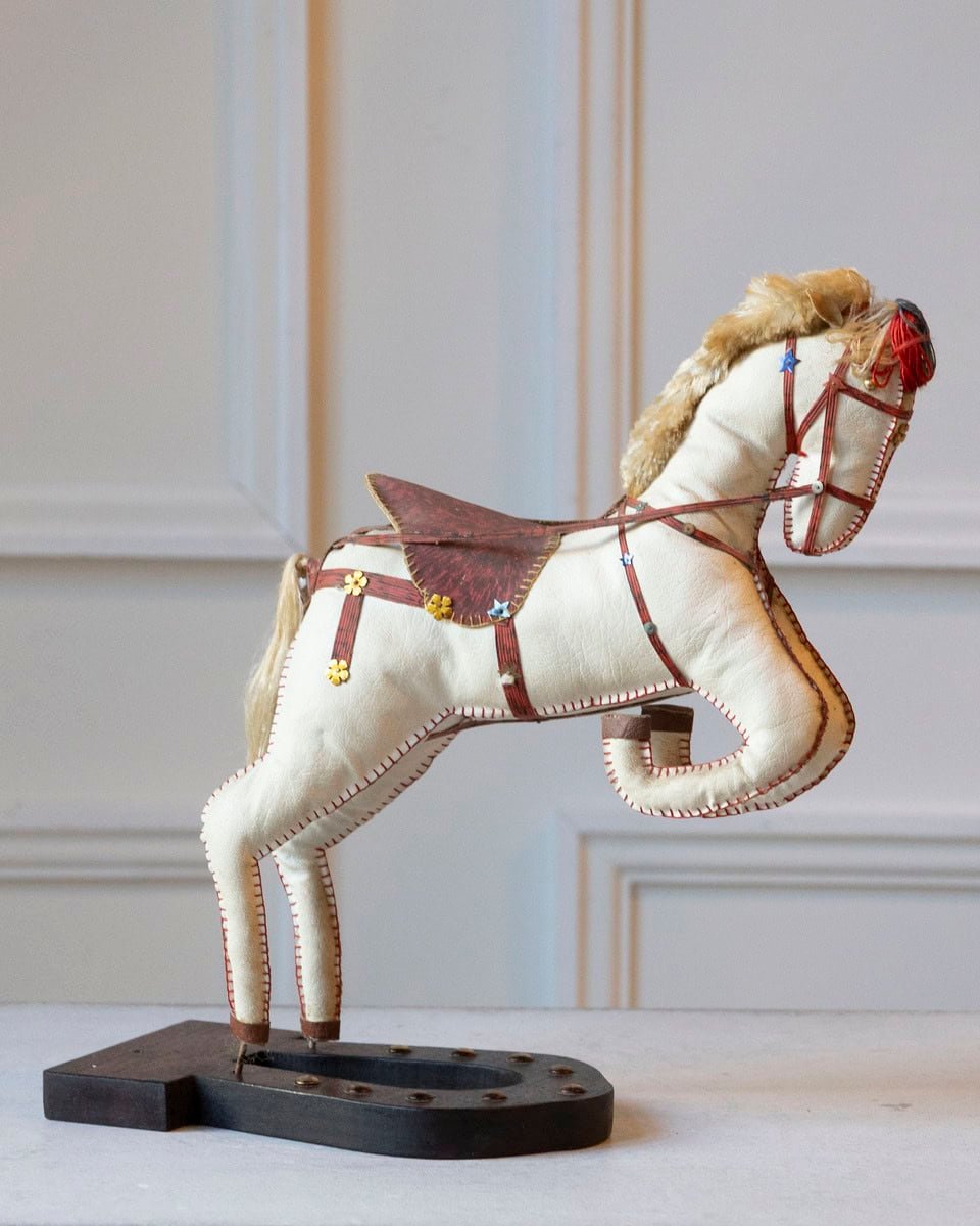 French 20th Century Decorative Moleskin Horse Sculpture with Blue Saddle in Rearing Pose - JAA