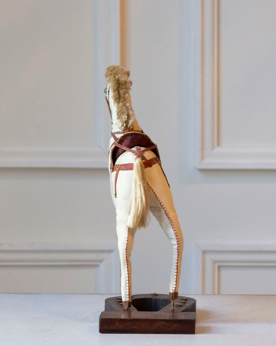 French 20th Century Decorative Moleskin Horse Sculpture with Blue Saddle in Rearing Pose - JAA