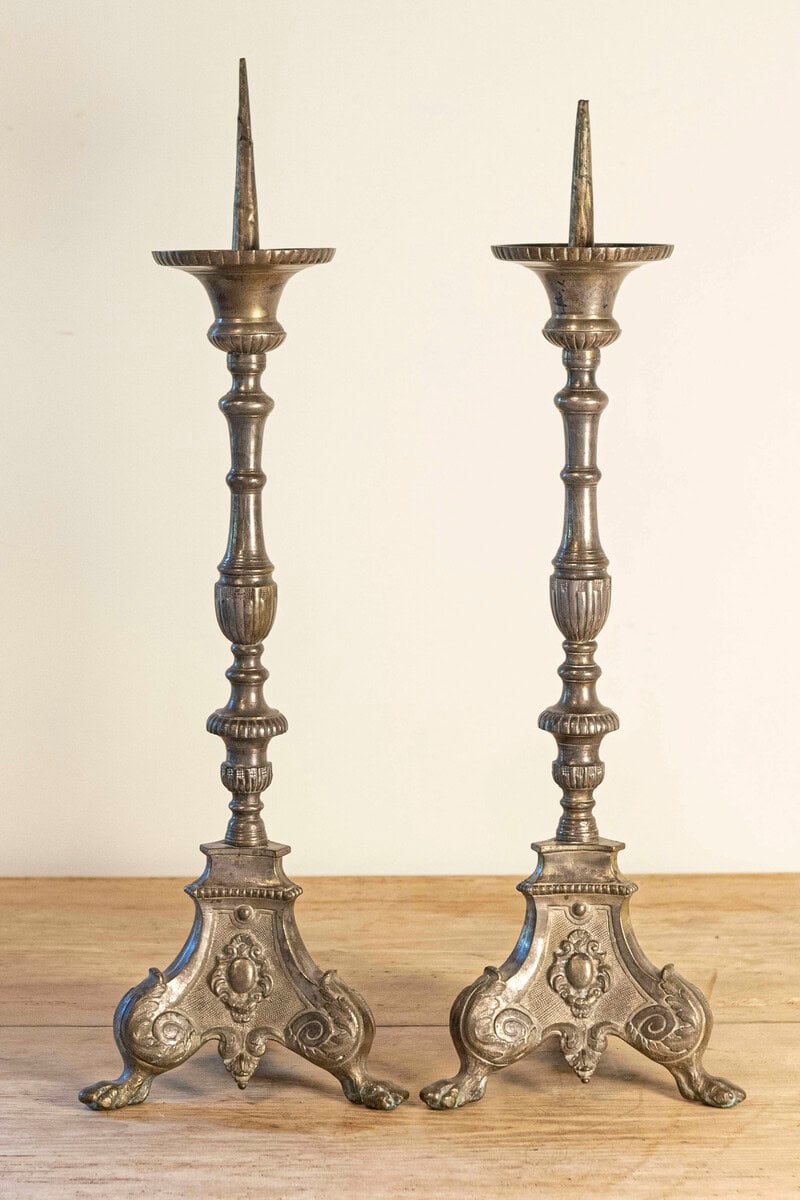 Pair of French Louis XV 18th Century Silvered Bronze Candlestick with Paw Feet - JAA