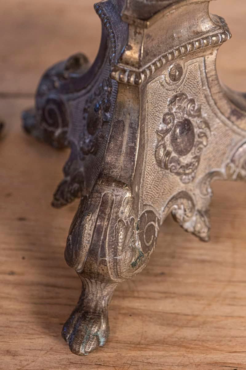 Pair of French Louis XV 18th Century Silvered Bronze Candlestick with Paw Feet - JAA