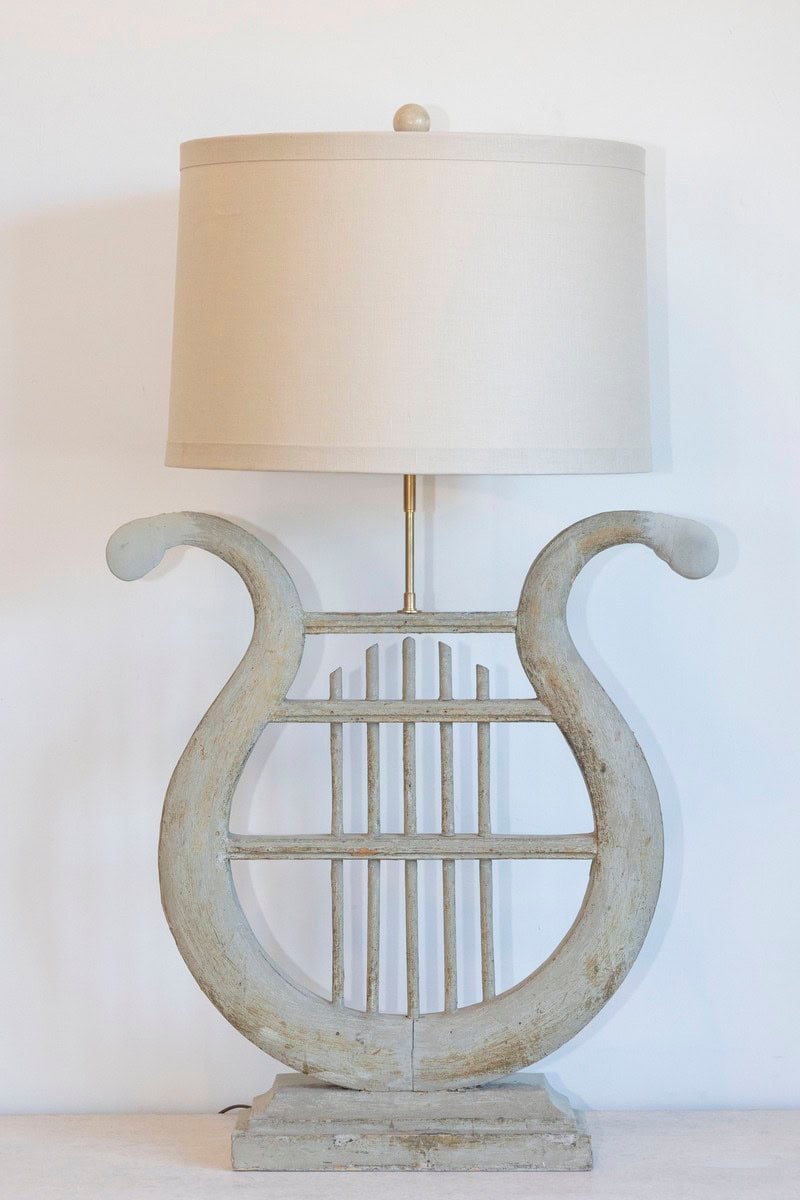 ON HOLD - 19th Century French Gustavian-Style Lyre Table Lamp in Distressed Wood with Linen Shade - JAA