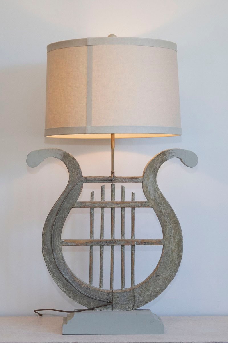 ON HOLD - 19th Century French Gustavian-Style Lyre Table Lamp in Distressed Wood with Linen Shade - JAA