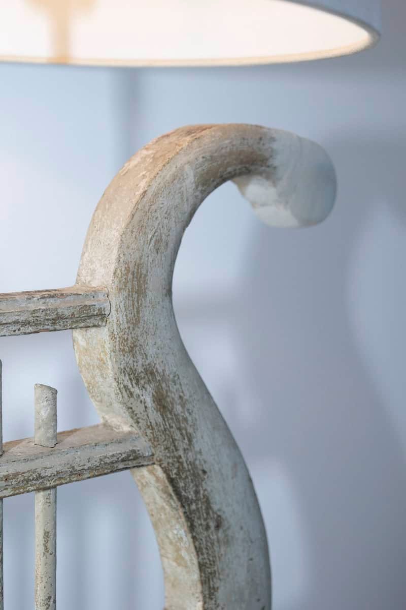 ON HOLD - 19th Century French Gustavian-Style Lyre Table Lamp in Distressed Wood with Linen Shade - JAA