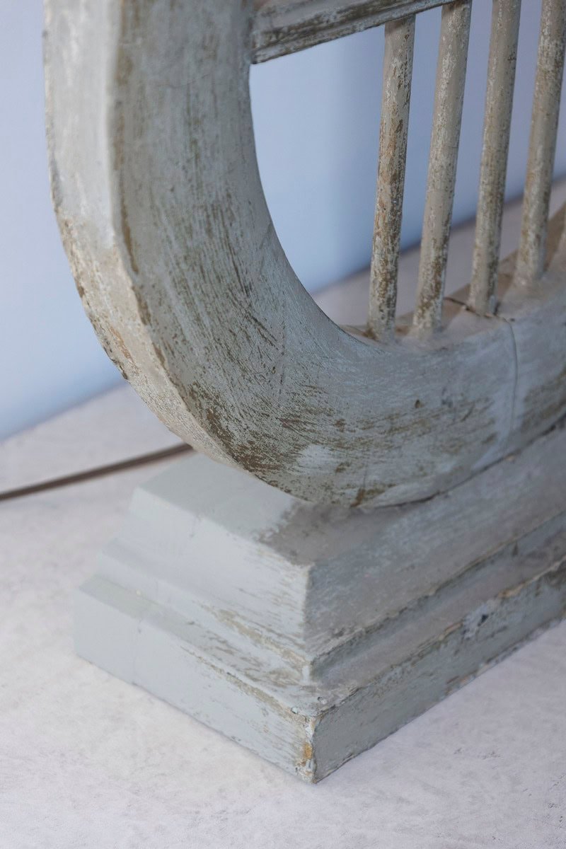 ON HOLD - 19th Century French Gustavian-Style Lyre Table Lamp in Distressed Wood with Linen Shade - JAA