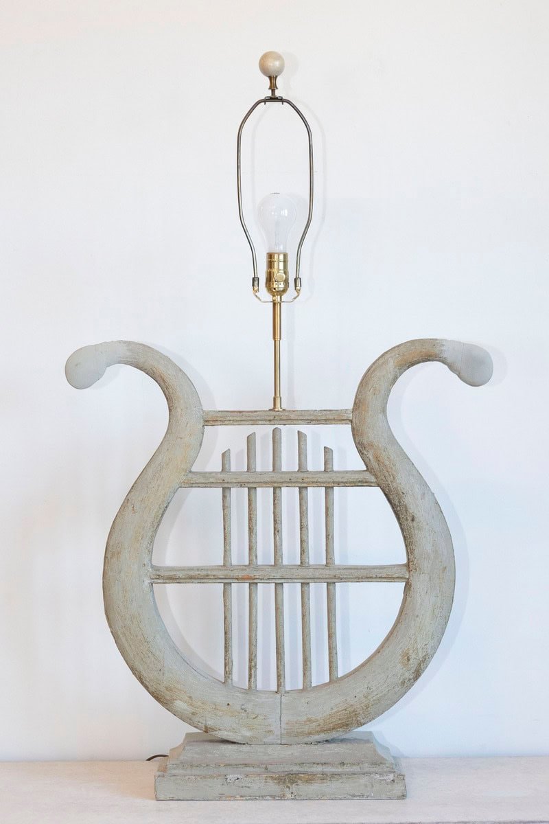 ON HOLD - 19th Century French Gustavian-Style Lyre Table Lamp in Distressed Wood with Linen Shade - JAA