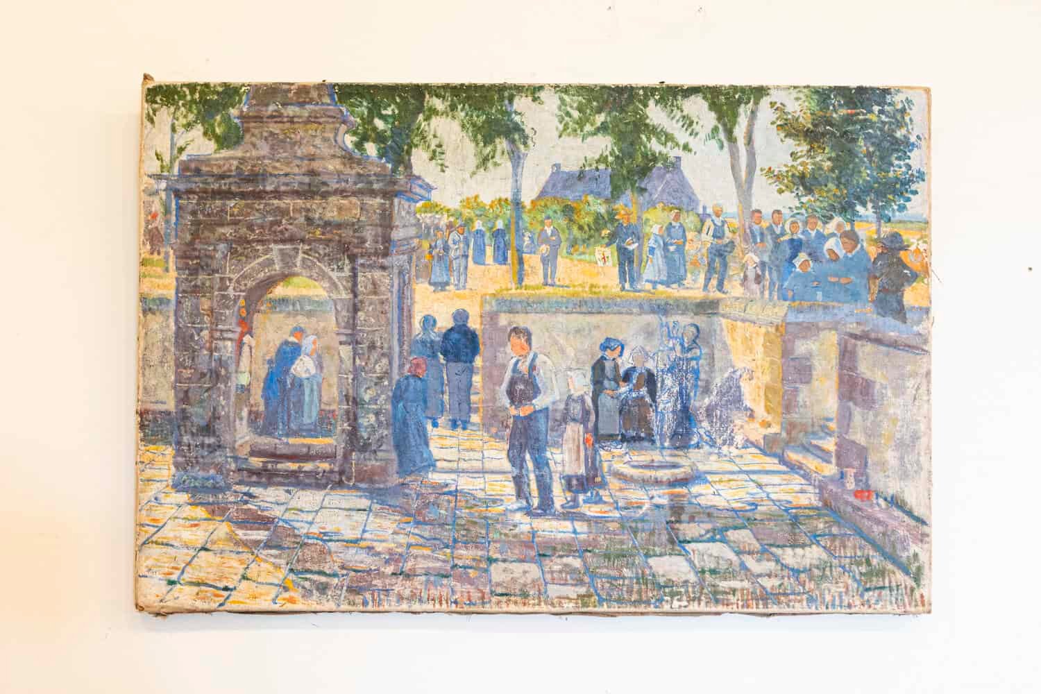 French 1890s Oil Provençal Painting of a Social Gathering in Shades of Blue - JAA