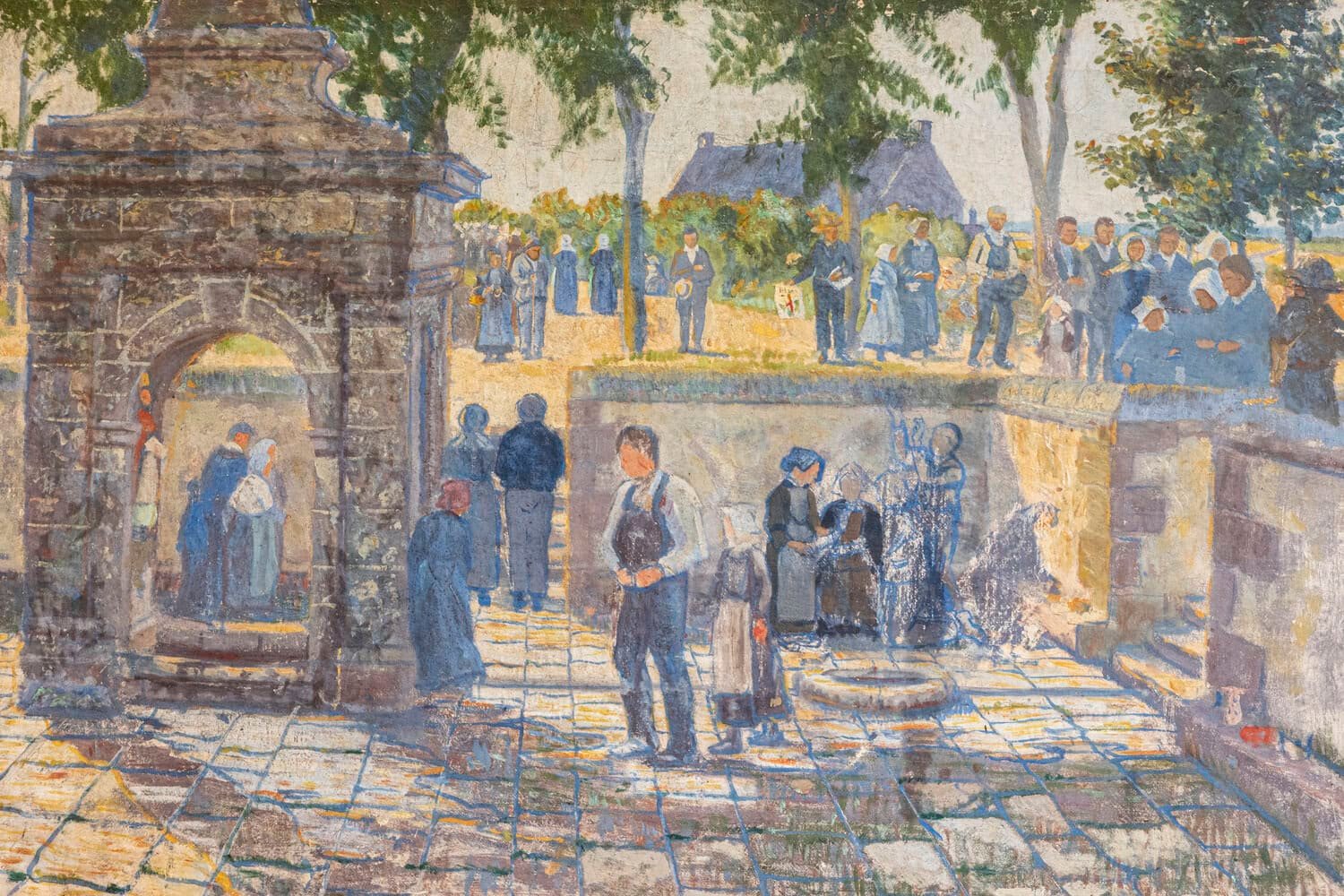 French 1890s Oil Provençal Painting of a Social Gathering in Shades of Blue - JAA