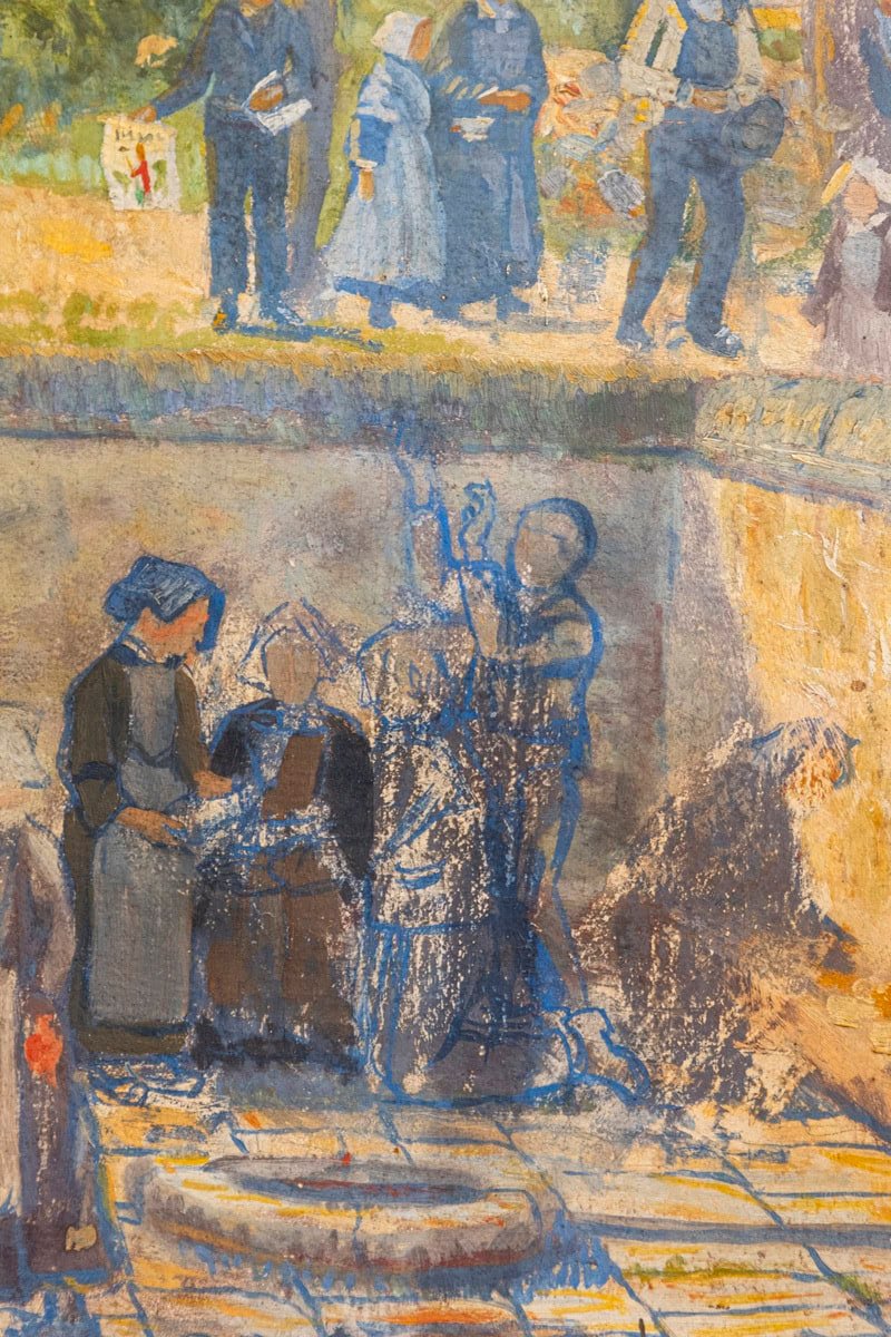 French 1890s Oil Provençal Painting of a Social Gathering in Shades of Blue - JAA