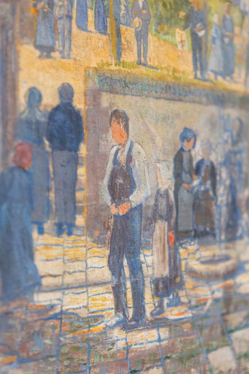 French 1890s Oil Provençal Painting of a Social Gathering in Shades of Blue - JAA