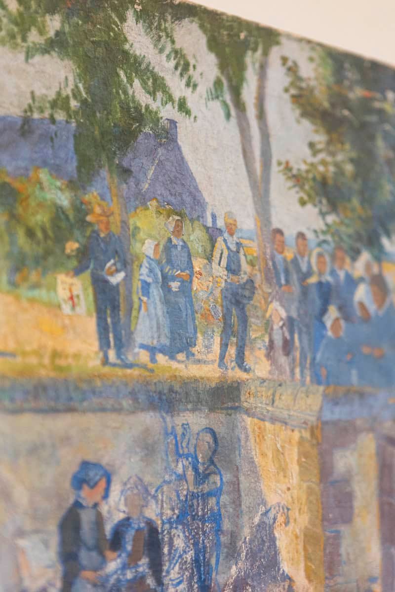 French 1890s Oil Provençal Painting of a Social Gathering in Shades of Blue - JAA