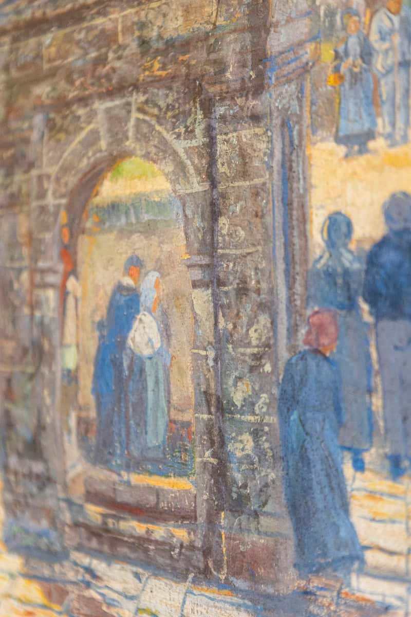 French 1890s Oil Provençal Painting of a Social Gathering in Shades of Blue - JAA