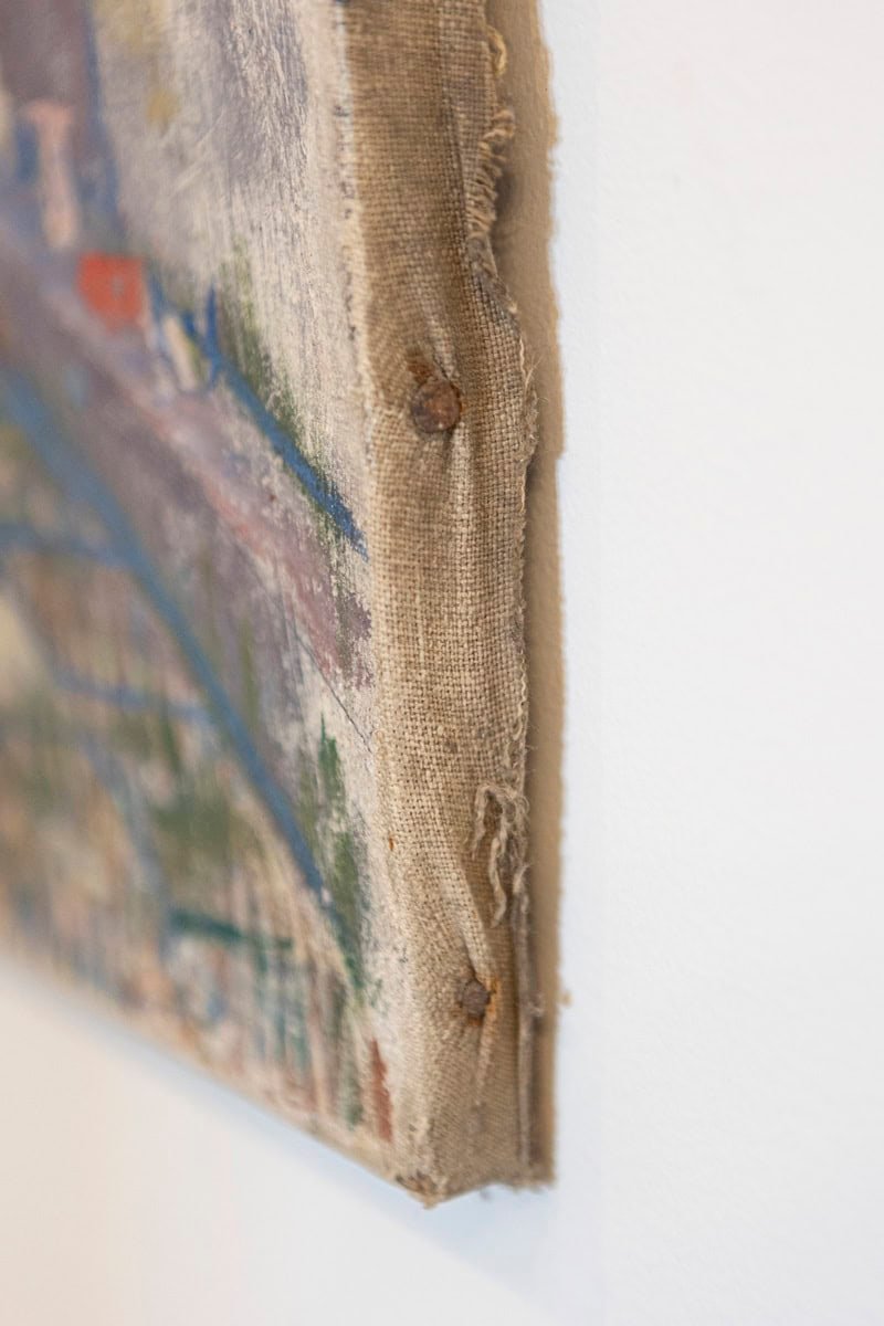 French 1890s Oil Provençal Painting of a Social Gathering in Shades of Blue - JAA