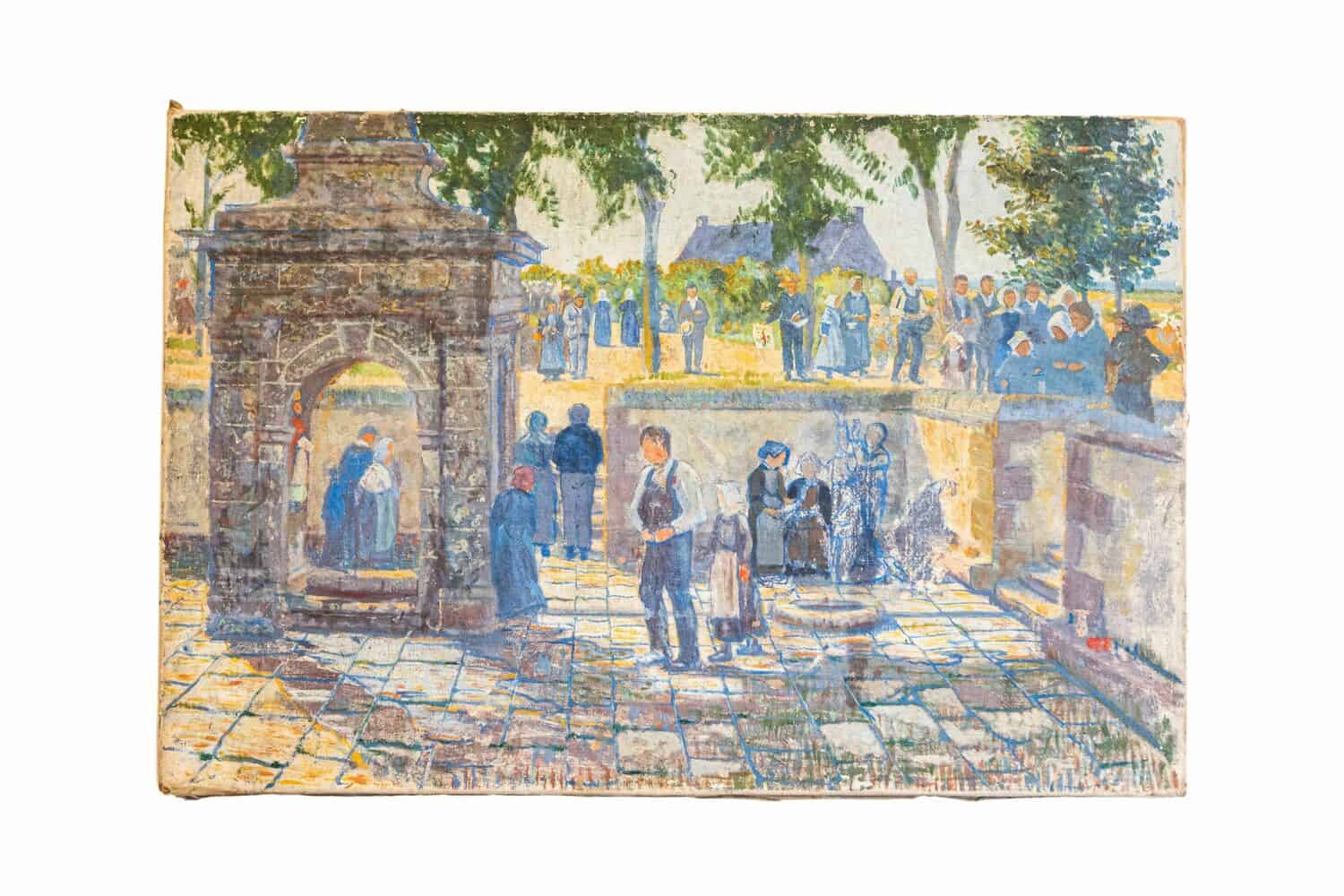 French 1890s Oil Provençal Painting of a Social Gathering in Shades of Blue - JAA