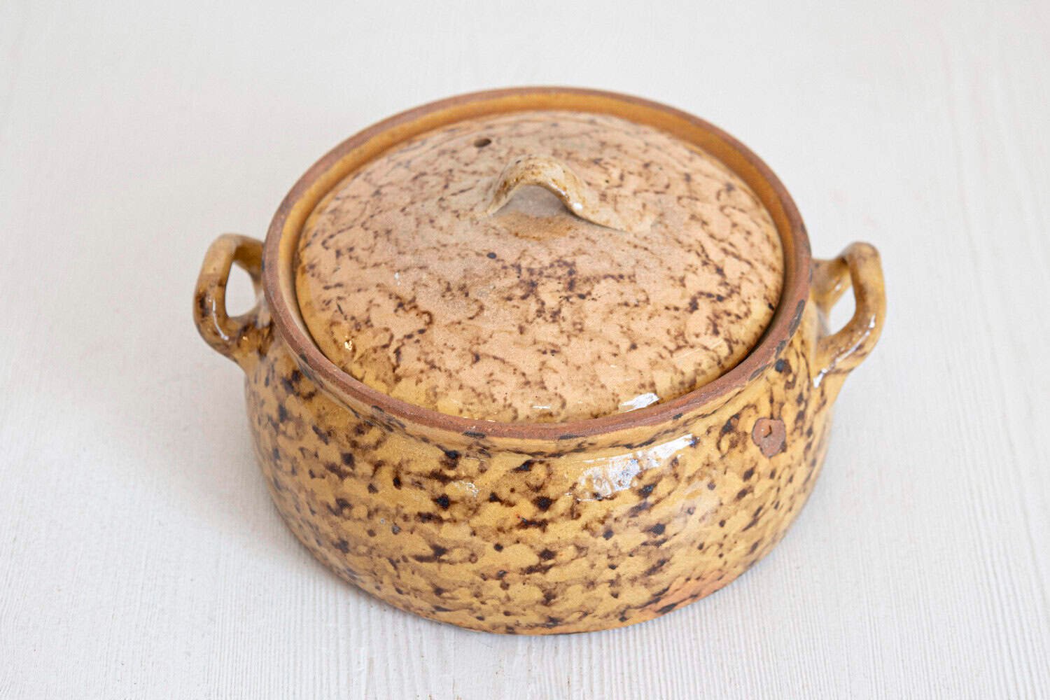French 19th Century Pottery Covered Baking Dish with Brown Blotched Glaze - JAA