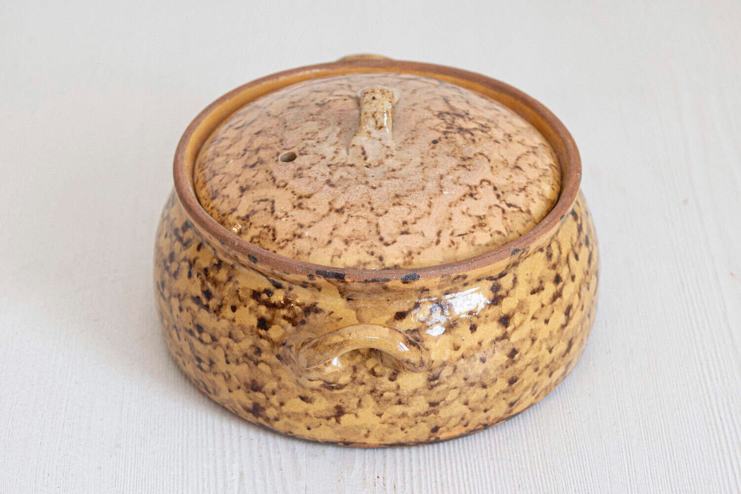 French 19th Century Pottery Covered Baking Dish with Brown Blotched Glaze - JAA