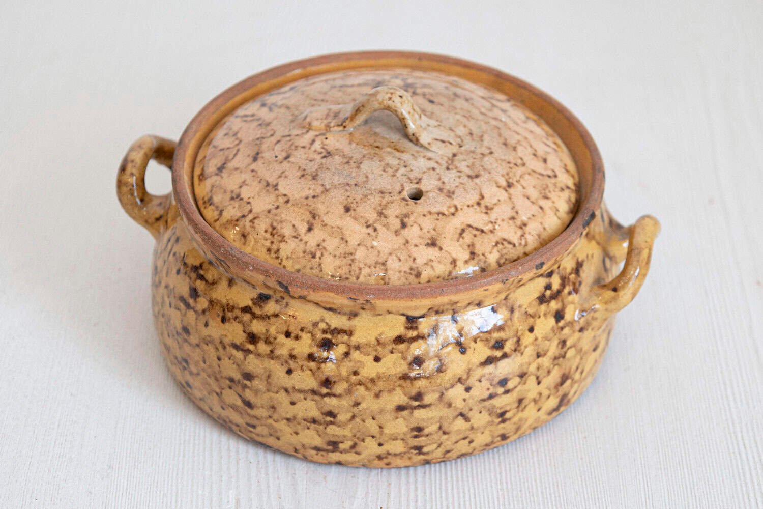 French 19th Century Pottery Covered Baking Dish with Brown Blotched Glaze - JAA