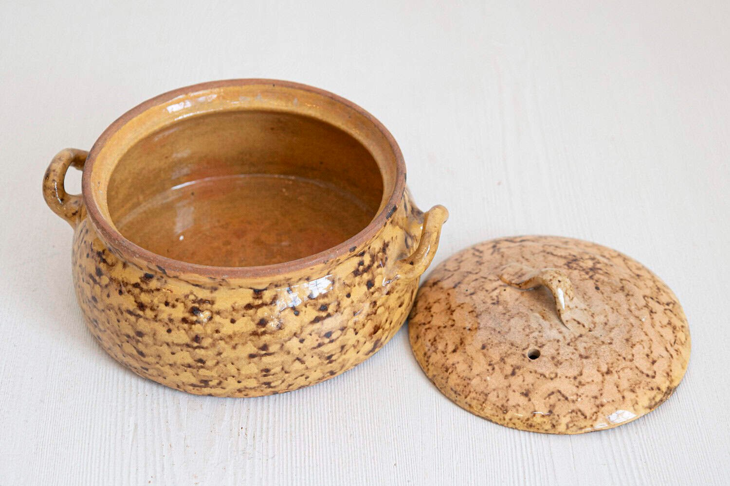 French 19th Century Pottery Covered Baking Dish with Brown Blotched Glaze - JAA