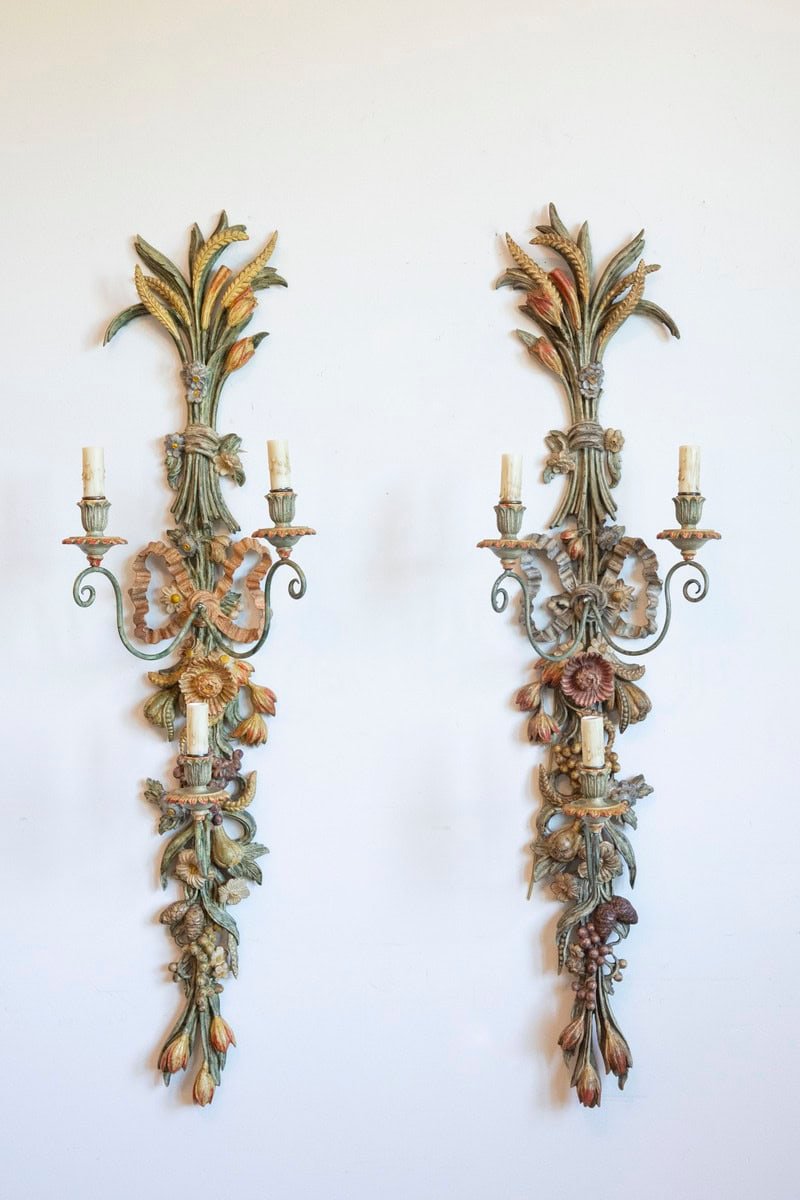 Pair of Mid-20th Century Italian Carved Wood Sconces with Wheat and Floral Motifs - JAA