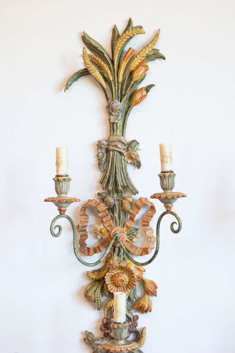 Pair of Mid-20th Century Italian Carved Wood Sconces with Wheat and Floral Motifs - JAA