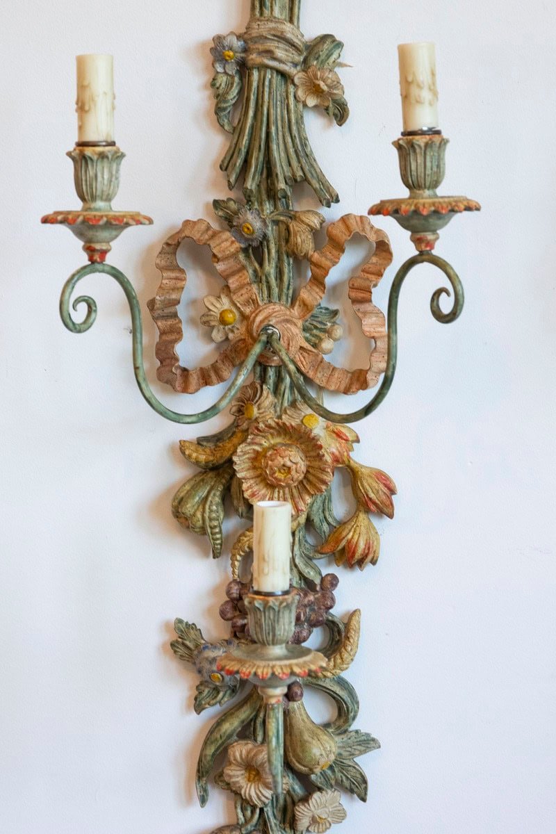 Pair of Mid-20th Century Italian Carved Wood Sconces with Wheat and Floral Motifs - JAA
