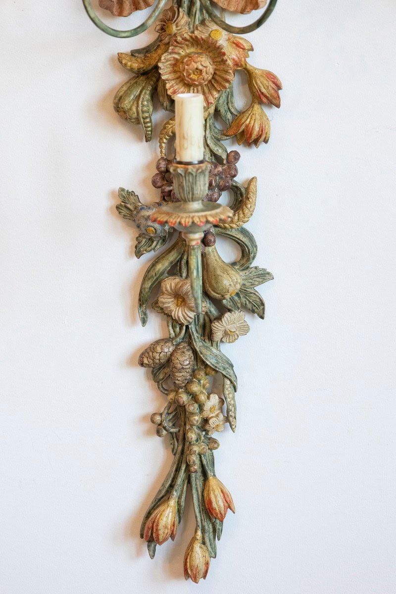 Pair of Mid-20th Century Italian Carved Wood Sconces with Wheat and Floral Motifs - JAA